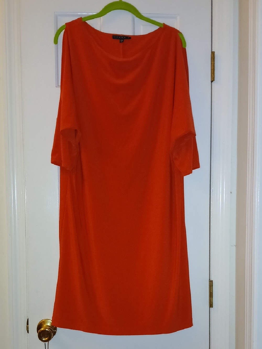 T Tahari Vibrant Red Boatneck Midi Dress With Cold Shoulder Cutouts.